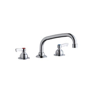 Chrome three-piece faucet with arched spout and two lever handles on circular bases.