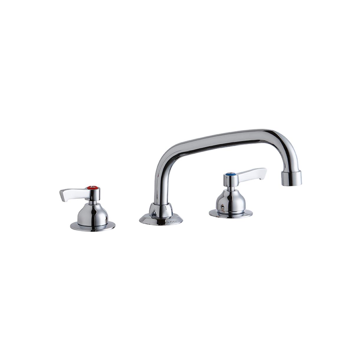Chrome three-piece faucet with arched spout and two lever handles on circular bases.