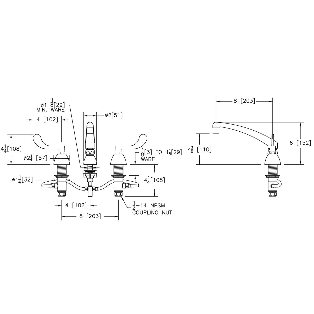 Chrome centerset faucet with curved arc spout and wristblade handles, shown in technical schematic with measurements.