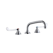 Chrome three-piece faucet with arcing spout and two wristblade handles on circular bases.