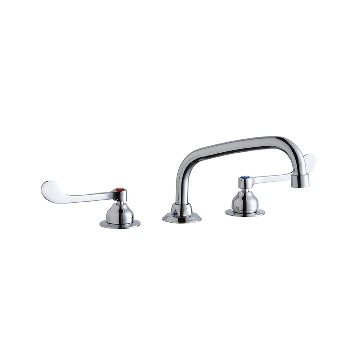 Chrome three-piece faucet with arcing spout and two wristblade handles on circular bases.