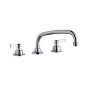 Chrome three-piece deck faucet with curved center spout and two lever handles with red and blue indicators.