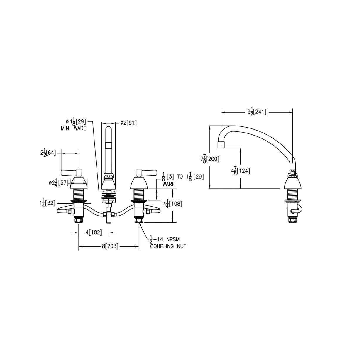Chrome centerset faucet with two lever handles, arcing spout, and technical dimension specifications shown in schematic view.