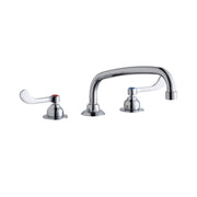 Chrome three-piece deck-mount faucet with wristblade handles, arcing spout, and visible hot/cold indicators.