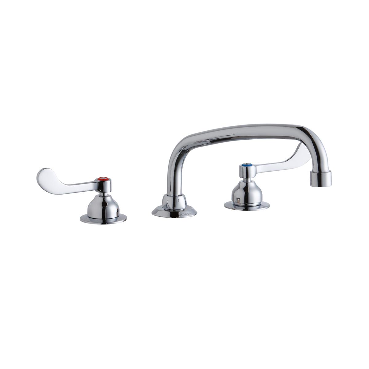 Chrome three-piece deck-mount faucet with wristblade handles, arcing spout, and visible hot/cold indicators.