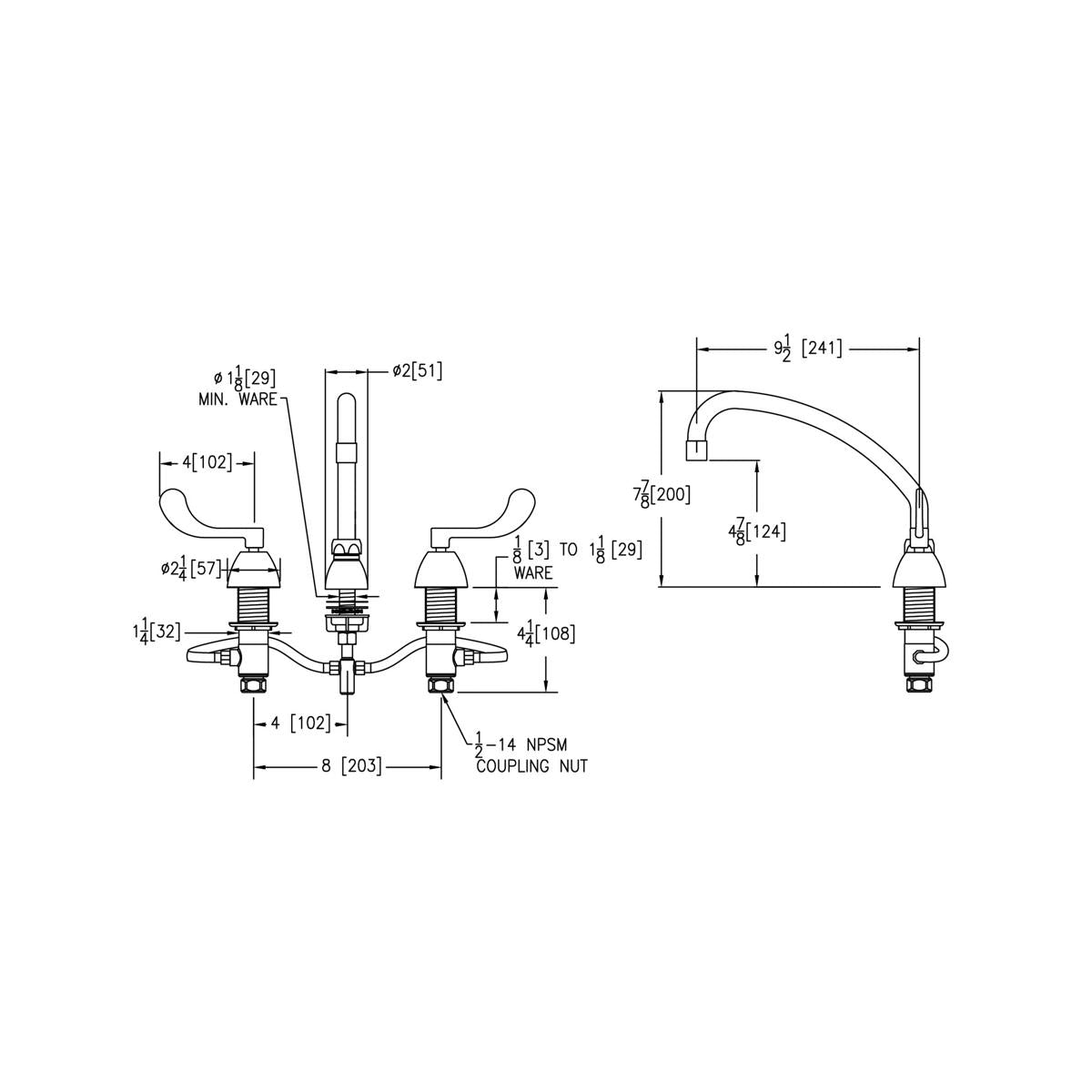 Chrome centerset faucet with two wristblade handles, arcing spout, and dimensional specifications for deck mounting.