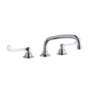 Chrome three-piece deck faucet with curved spout and wristblade handles on circular bases.