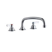 Chrome centerset faucet with arched spout and two lever handles on circular bases.