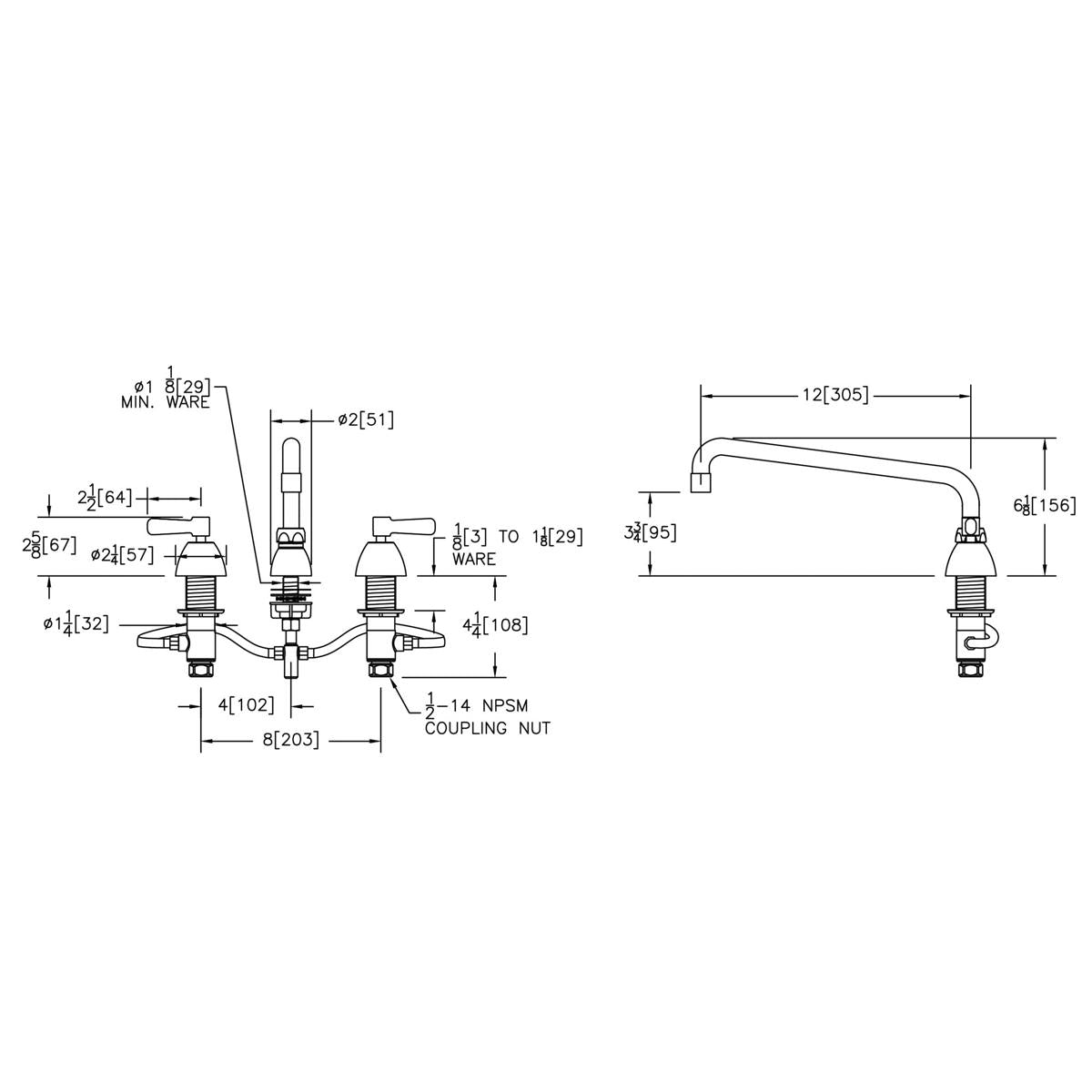 Chrome centerset faucet with 12-inch arc tube spout and two lever handles, shown in technical schematic with dimensions.