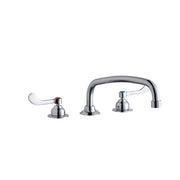 Chrome centerset faucet with two wristblade handles and arcing spout tube for kitchen or bathroom sink.