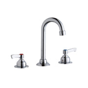 Chrome three-piece faucet with gooseneck spout and two lever handles on circular bases.