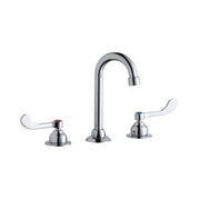 Chrome three-piece bathroom faucet with gooseneck spout and white wristblade handles on circular bases.