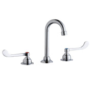 Chrome three-piece faucet with curved gooseneck spout and two white wristblade handles.