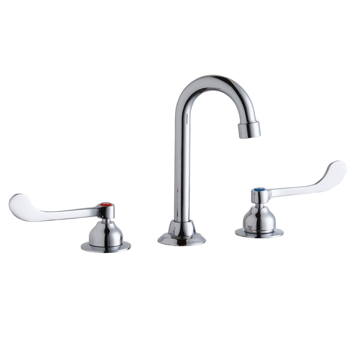 Chrome three-piece faucet with curved gooseneck spout and two white wristblade handles.