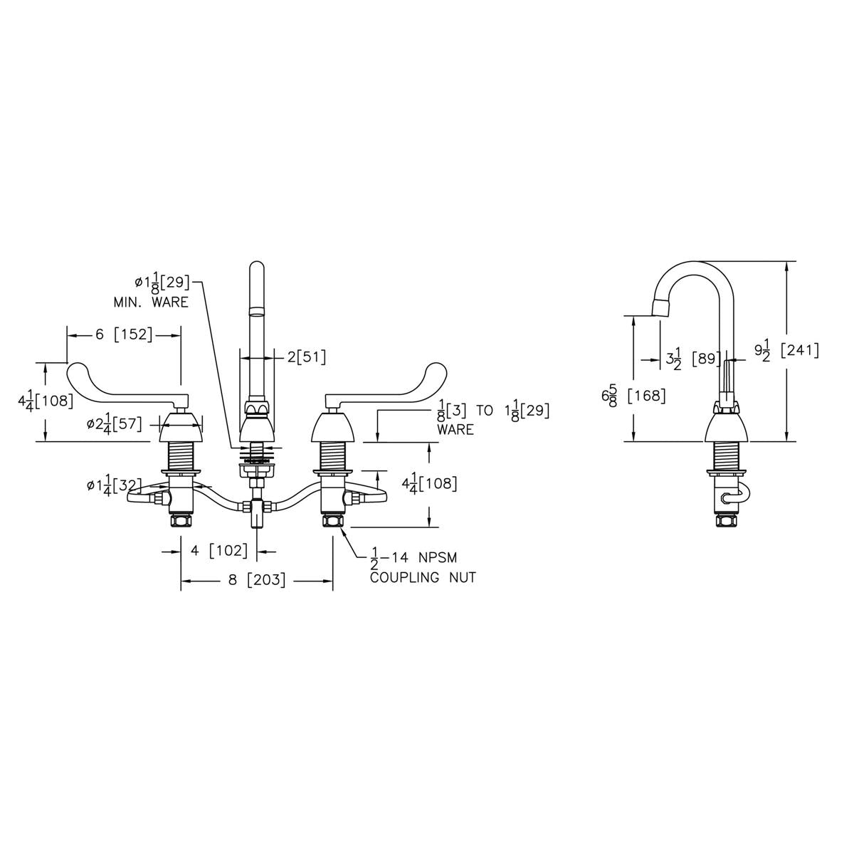 Chrome centerset faucet with gooseneck spout and wristblade handles shown in top and side technical drawings with dimensions.