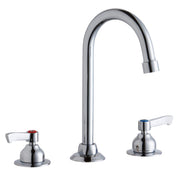 Chrome three-piece faucet with tall gooseneck spout and two white lever handles on circular bases.