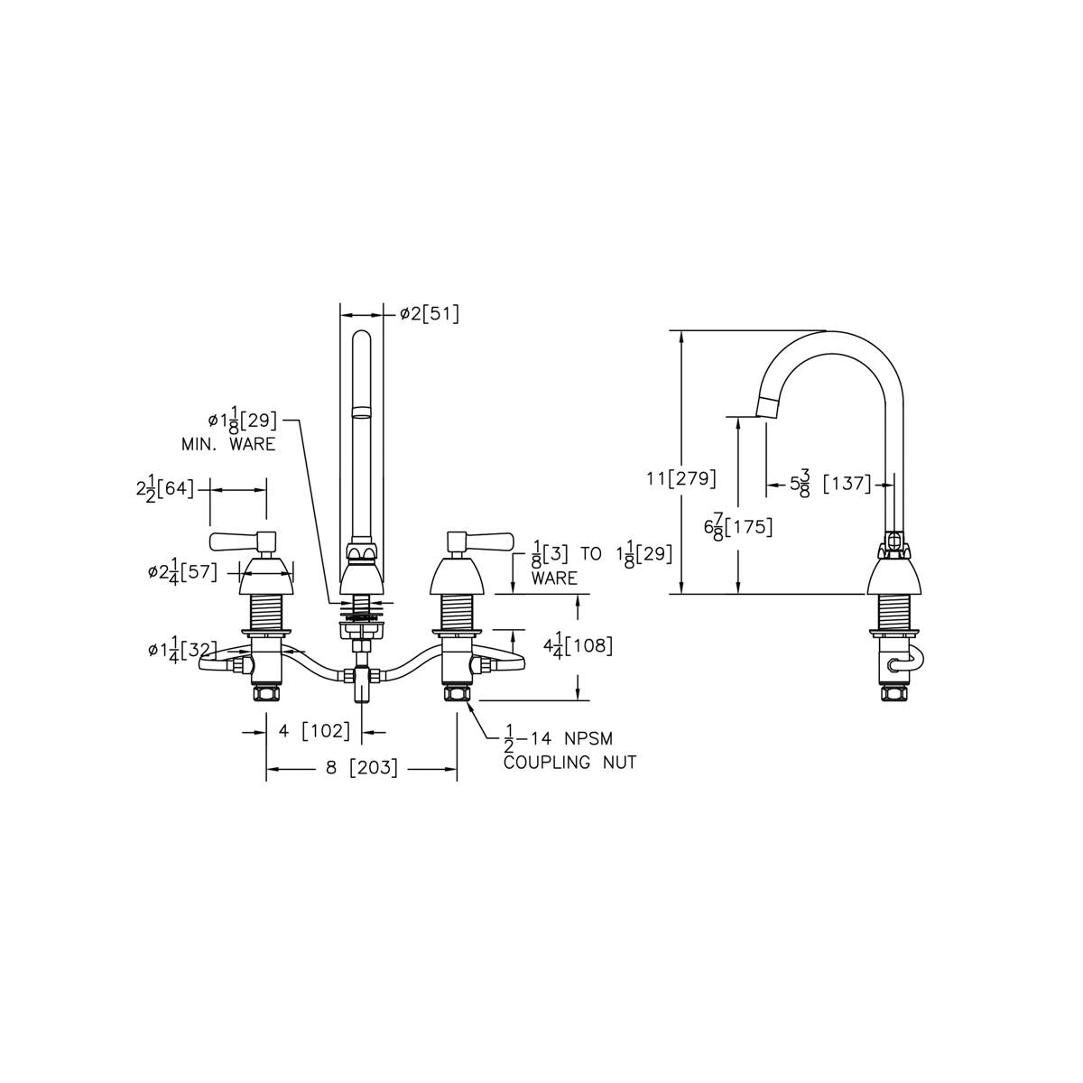 Chrome centerset faucet with gooseneck spout, lever handles, and dimensional specifications shown.