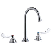 Chrome three-piece faucet with curved gooseneck spout and white wristblade handles on circular base.