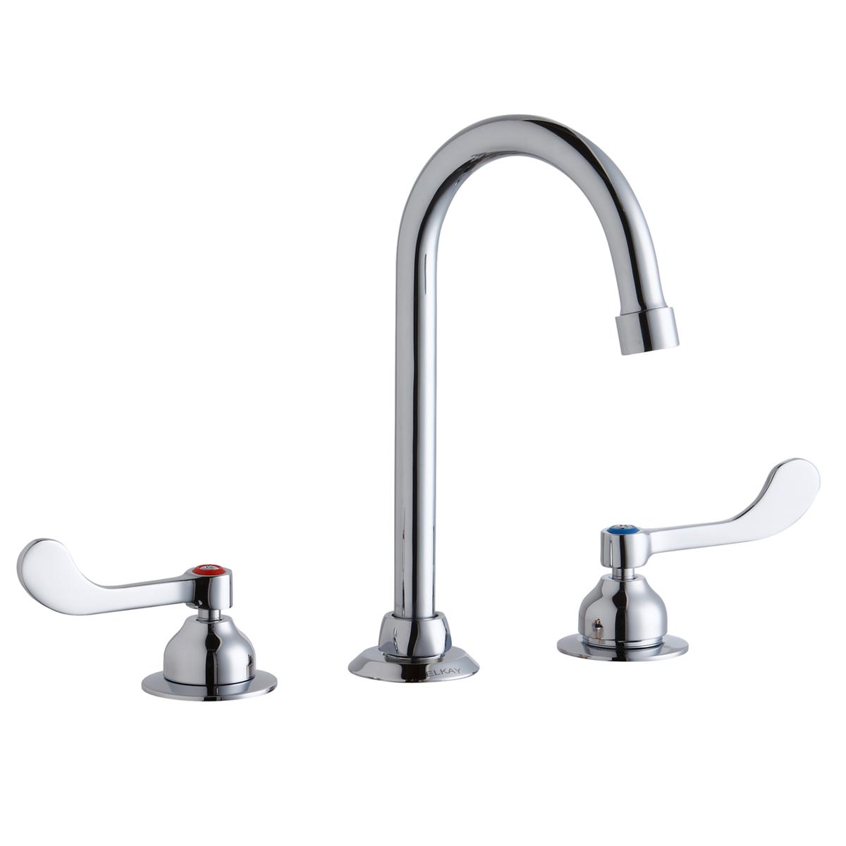 Chrome three-piece faucet with curved gooseneck spout and white wristblade handles on circular base.