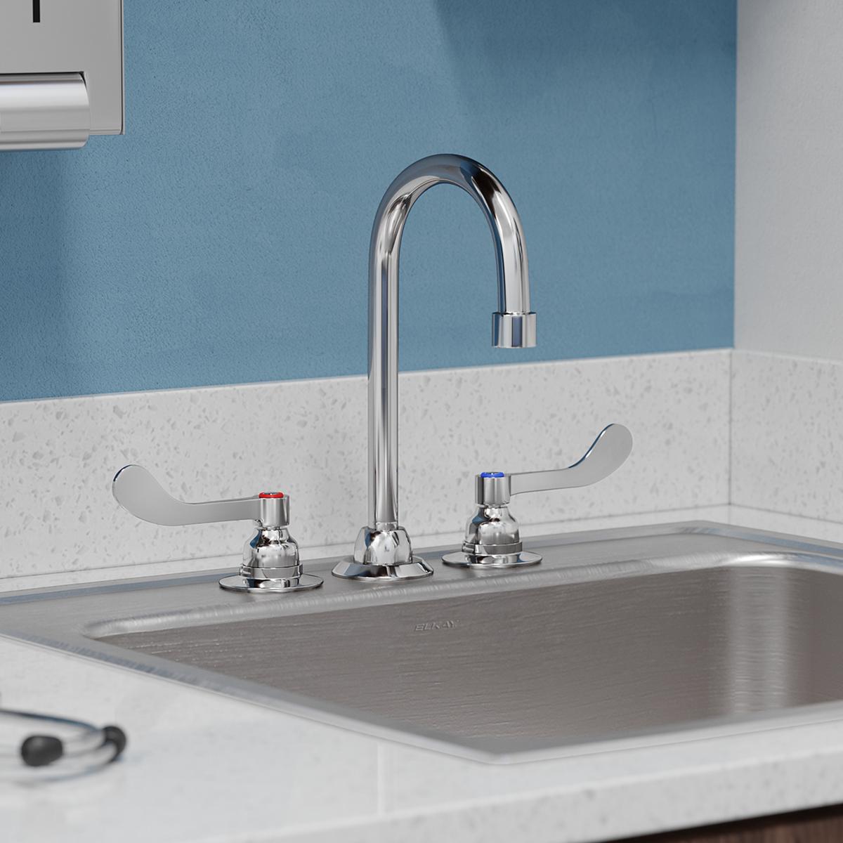 Elkay 8" Centerset with Concealed Deck Faucet with 5" Gooseneck Spout 4" Wristblade Handles Chrome