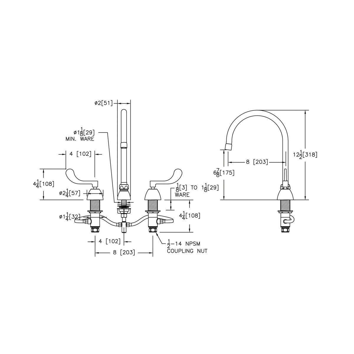 Chrome centerset faucet with gooseneck spout and wristblade handles, shown in technical specification drawings with measureme