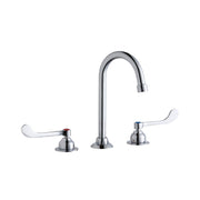 Chrome faucet with curved gooseneck spout and two white wristblade handles on round bases.