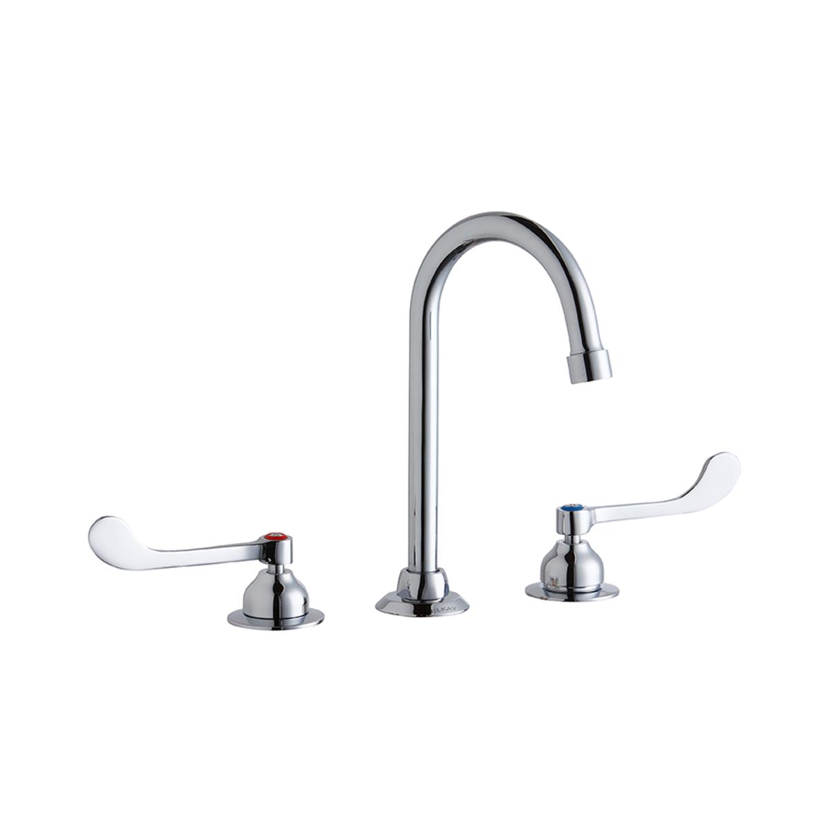 Chrome faucet with curved gooseneck spout and two white wristblade handles on round bases.