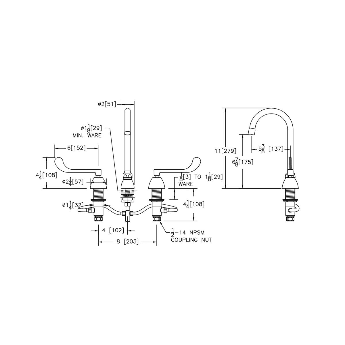 Chrome centerset faucet with gooseneck spout, wristblade handles, and concealed deck mounting shown in technical schematic vi