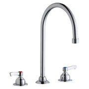 Chrome kitchen faucet with tall gooseneck spout and two lever handles on round bases.