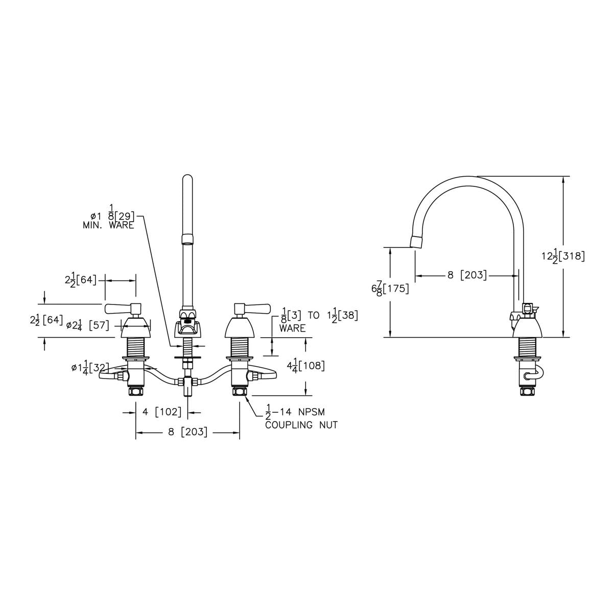 Chrome kitchen faucet with 8-inch gooseneck spout, two lever handles, and concealed deck mounting shown in technical drawing 