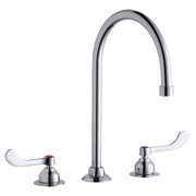 Chrome kitchen faucet with tall curved gooseneck spout and two white wristblade handles on deck-mounted base.