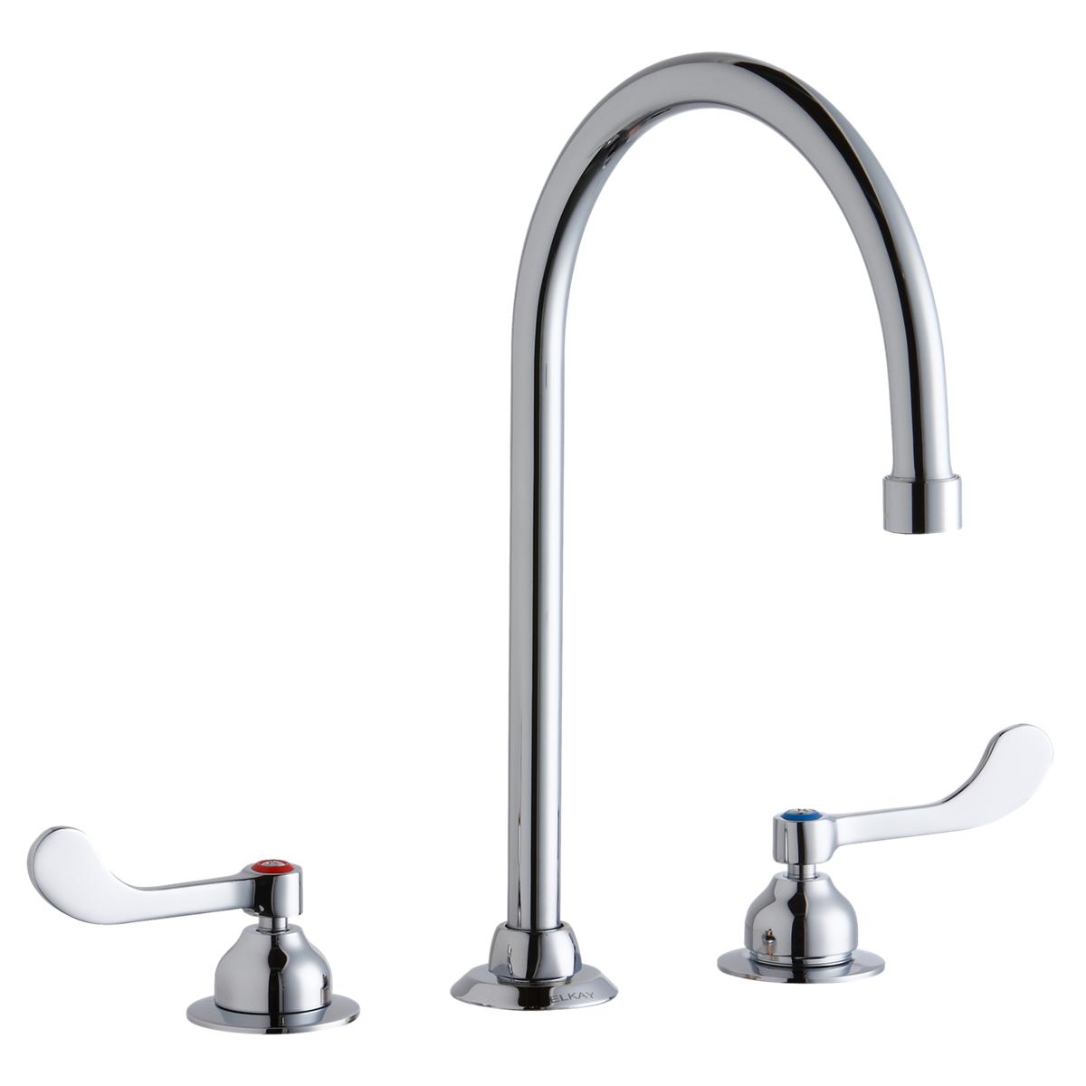 Chrome kitchen faucet with tall curved gooseneck spout and two white wristblade handles on deck-mounted base.
