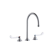 Chrome centerset faucet with tall gooseneck spout and white wristblade handles on circular base.
