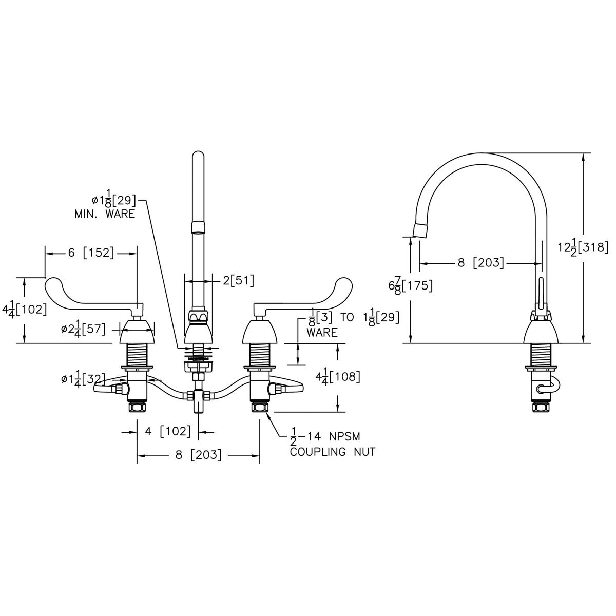 Chrome centerset faucet with 8" gooseneck spout, wristblade handles, and technical dimension specifications.