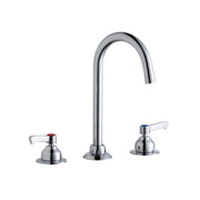 Chrome three-piece faucet with tall curved spout and two lever handles on circular bases.