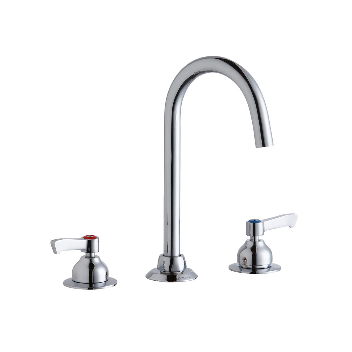 Chrome three-piece faucet with tall curved spout and two lever handles on circular bases.