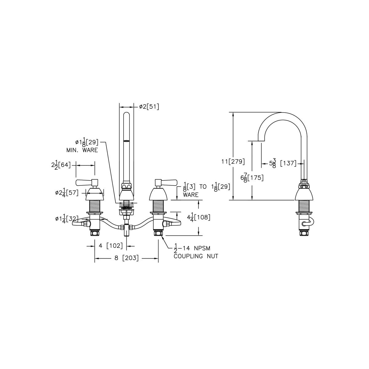 Chrome centerset faucet with gooseneck spout and two lever handles, technical specification diagram with measurements.