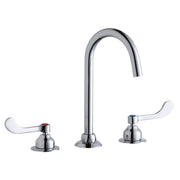 Chrome centerset faucet with tall curved spout and two white wristblade handles on circular bases.