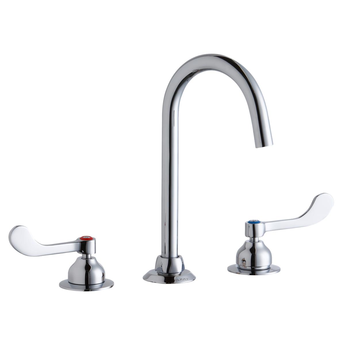 Chrome centerset faucet with tall curved spout and two white wristblade handles on circular bases.