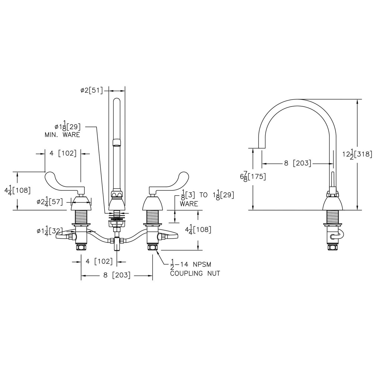 Chrome kitchen faucet with curved gooseneck spout, wristblade handles, and technical specification dimensions.