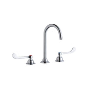 Chrome centerset faucet with gooseneck spout and two white wristblade handles.