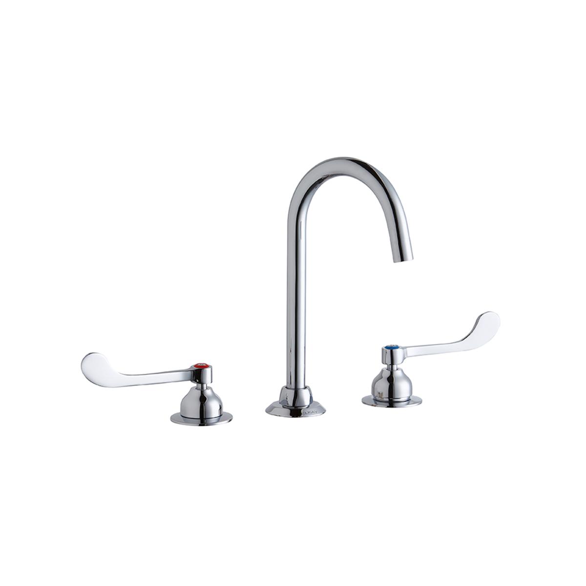 Chrome centerset faucet with gooseneck spout and two white wristblade handles.