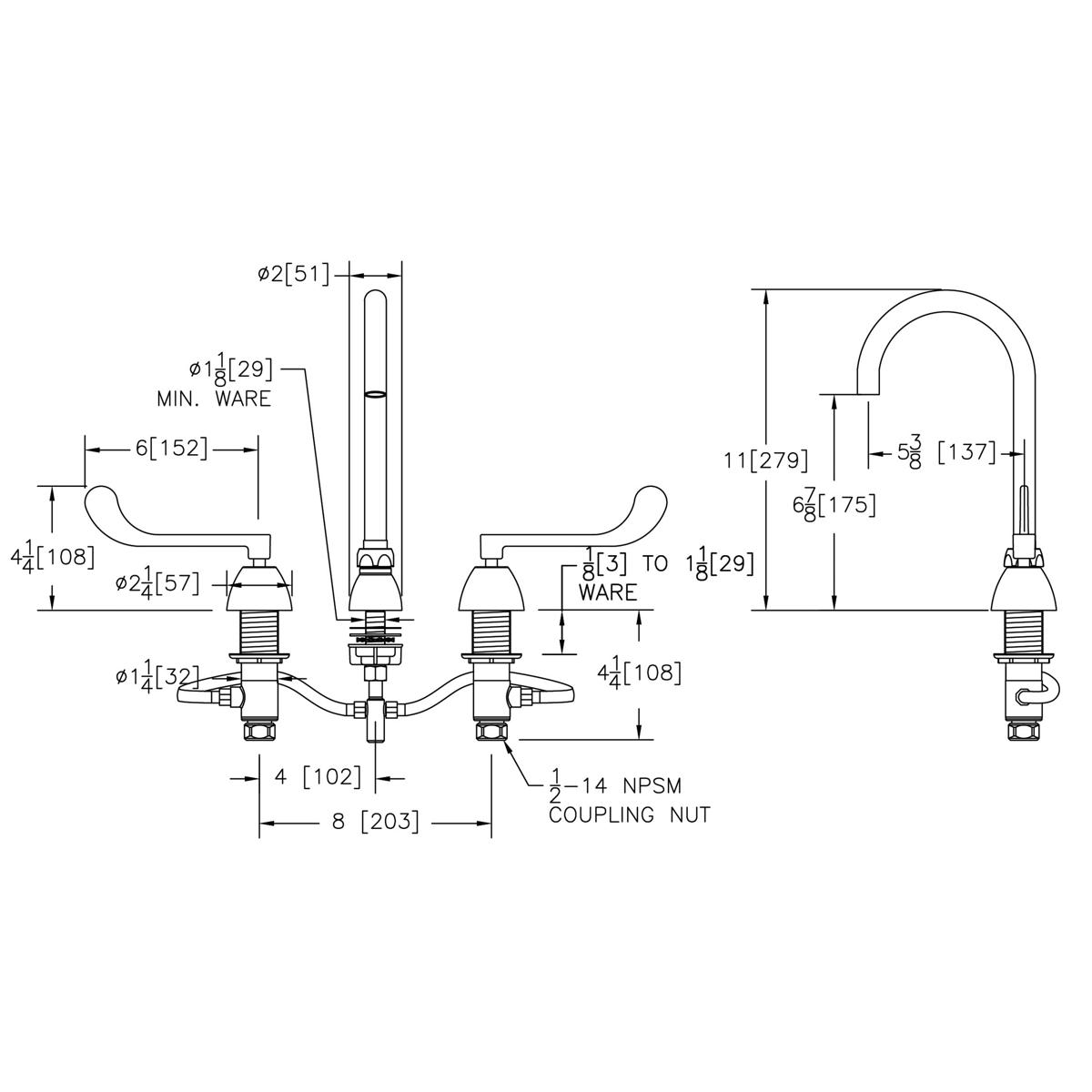 Chrome centerset faucet with gooseneck spout, wristblade handles, and dimensioned technical specifications.