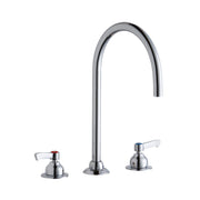 Chrome three-hole faucet with tall curved gooseneck spout and two lever handles on round bases.