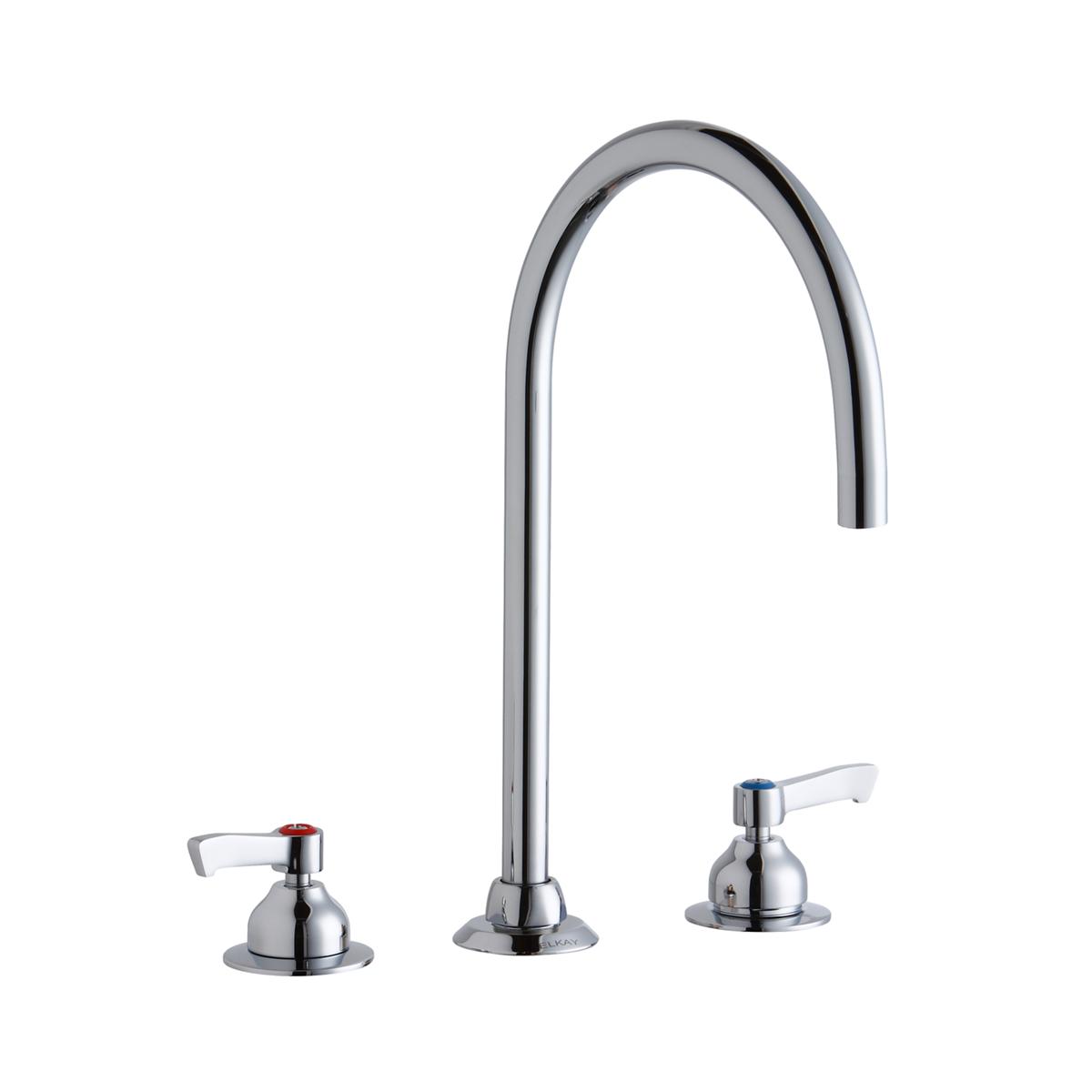 Chrome three-hole faucet with tall curved gooseneck spout and two lever handles on round bases.