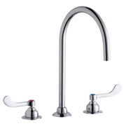 Chrome faucet with tall gooseneck spout and white wristblade handles on either side.