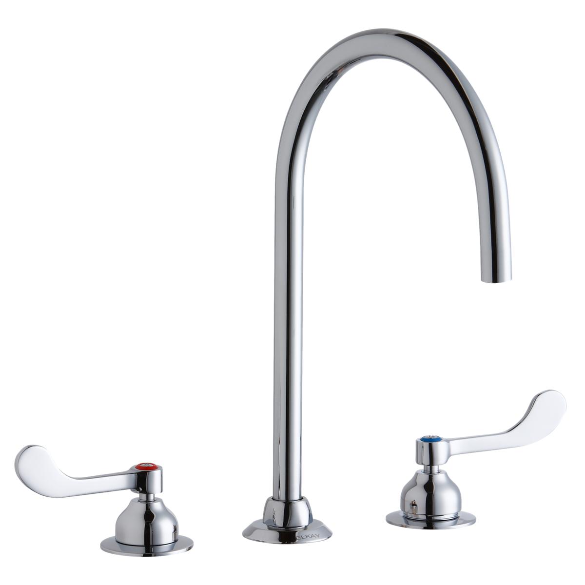 Chrome faucet with tall gooseneck spout and white wristblade handles on either side.