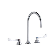 Chrome three-piece faucet with tall gooseneck spout and two white wristblade handles on circular bases.