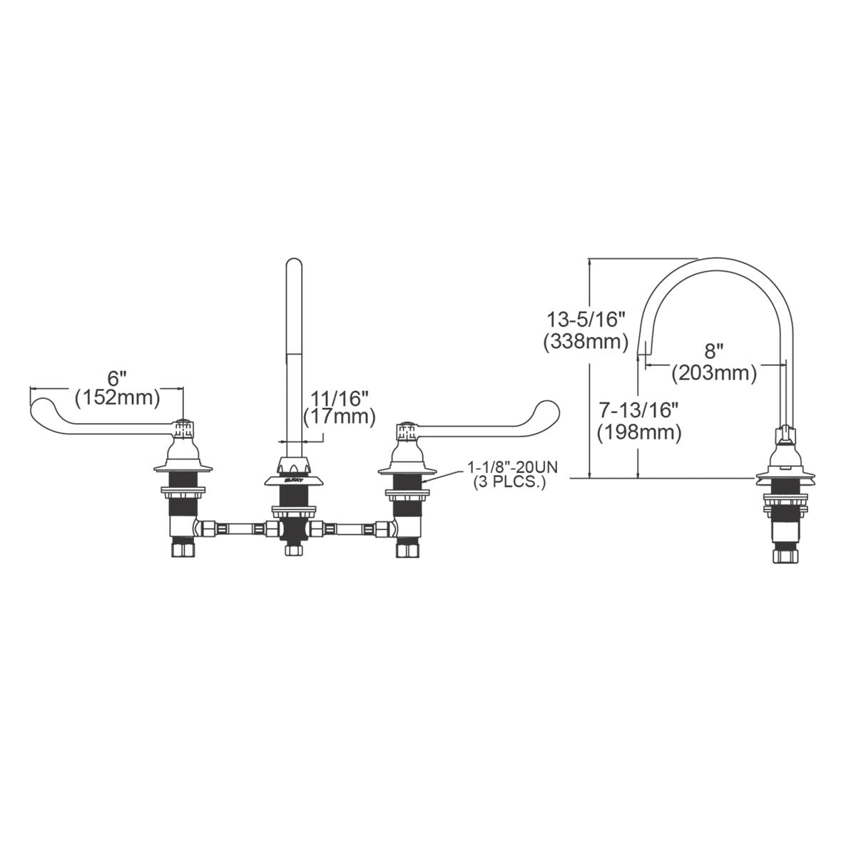 Chrome centerset faucet with 8" gooseneck spout, 6" wristblade handles, and concealed deck laminar flow design with dimension