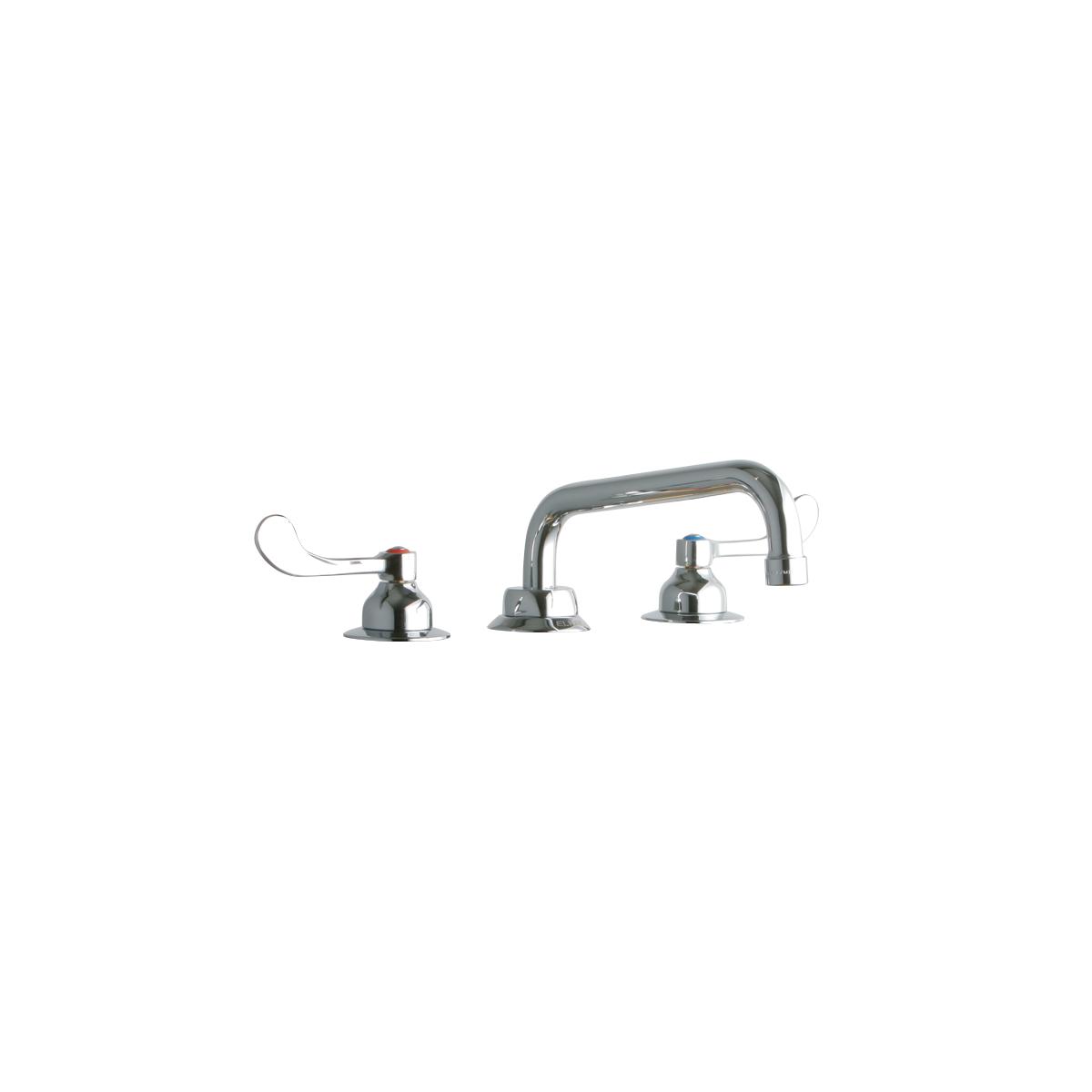 Chrome centerset faucet with tall tube spout and wristblade handles on each side.